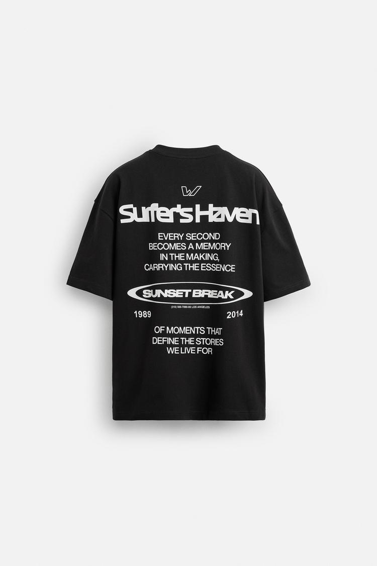 Zara Relaxed Fit Text Print T-Shirt – Black
